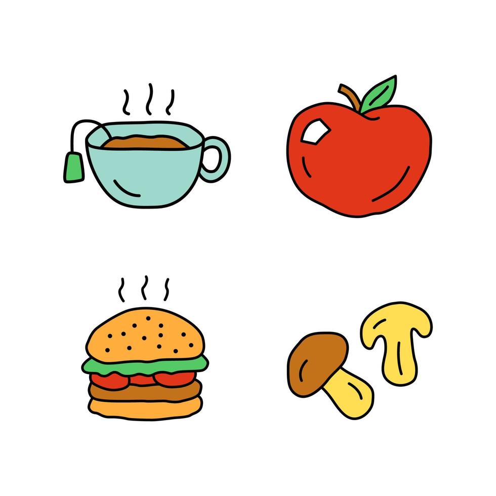 heerlijke lunch doodle gekleurde pictogrammen instellen. hete thee, rijpe appel, hamburger en champignons hand getrokken geïsoleerde vectorillustraties. lekker ontbijt, fast food en drinken. gezonde en schadelijke voeding vector