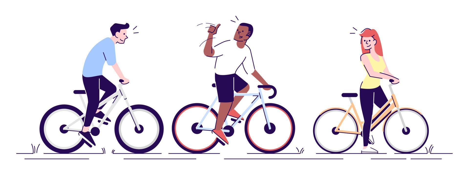 fietsers trainen samen platte vectorillustratie. vrienden buitenactiviteiten. studenten, buren fietsen geïsoleerde stripfiguren met overzichtselementen op een witte achtergrond vector