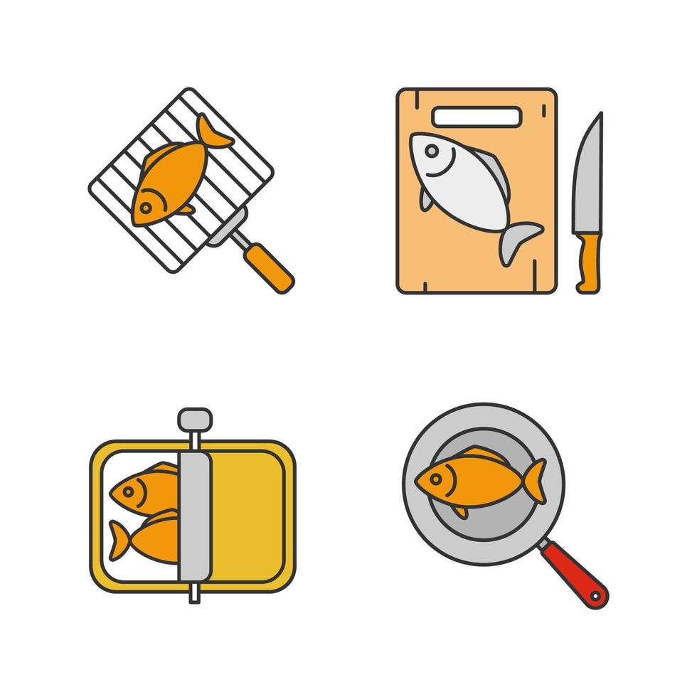 vis voorbereiding kleur pictogrammen instellen. ingeblikte, gebakken, gesneden en gegrilde vis. geïsoleerde vectorillustraties vector