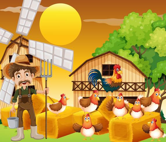 Boer en kippen op de boerderij vector