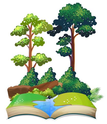 Boek van de natuur met bomen en rivier vector