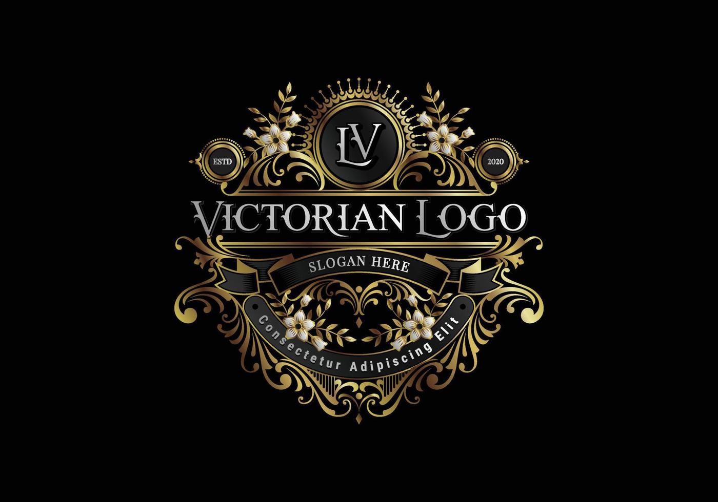 elegantie zwart en goud Victoriaans logo sjabloon met bloemen en bladeren ornament vector