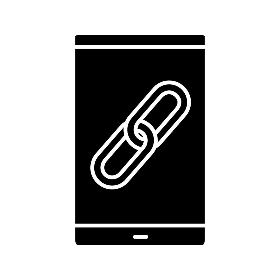 smartphone met link teken glyph icoon. silhouet symbool. hyperlink. verbinding. negatieve ruimte. vector geïsoleerde illustratie