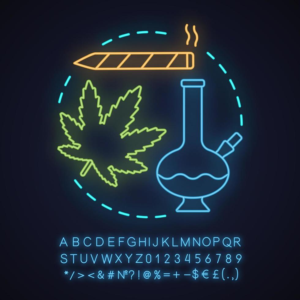 marihuana cultuur neon licht concept icoon. cannabis, ganja-idee. marihuanablad, waterpijp, pot. gloeiend bord met alfabet, cijfers en symbolen. vector geïsoleerde illustratie