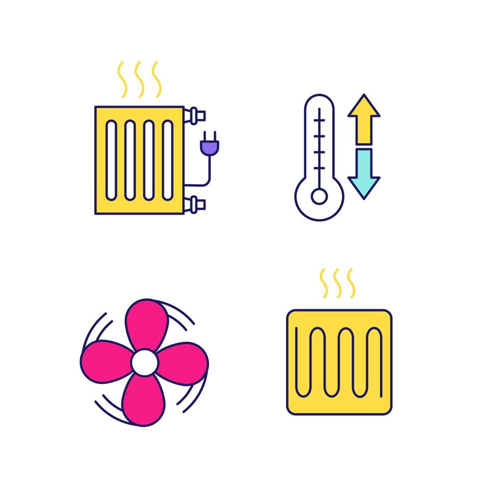 airconditioning gekleurde pictogrammen instellen. elektrische radiator, climate control, afzuigventilator, verwarmingselement. geïsoleerde vectorillustraties vector