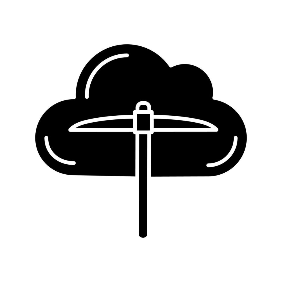 cryptocurrency cloud mining-service glyph-pictogram. crypto-mijnbouw. cryptocurrency-bedrijf. wolk met houweel. silhouet symbool. negatieve ruimte. vector geïsoleerde illustratie