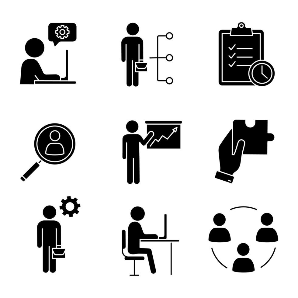 bedrijfsbeheer glyph pictogrammen instellen. technische chat, werknemersvaardigheden, taakplanning, personeel zoeken, presentatie, oplossing, manager, kantoor, teamwork. silhouet symbool. vector geïsoleerde illustratie