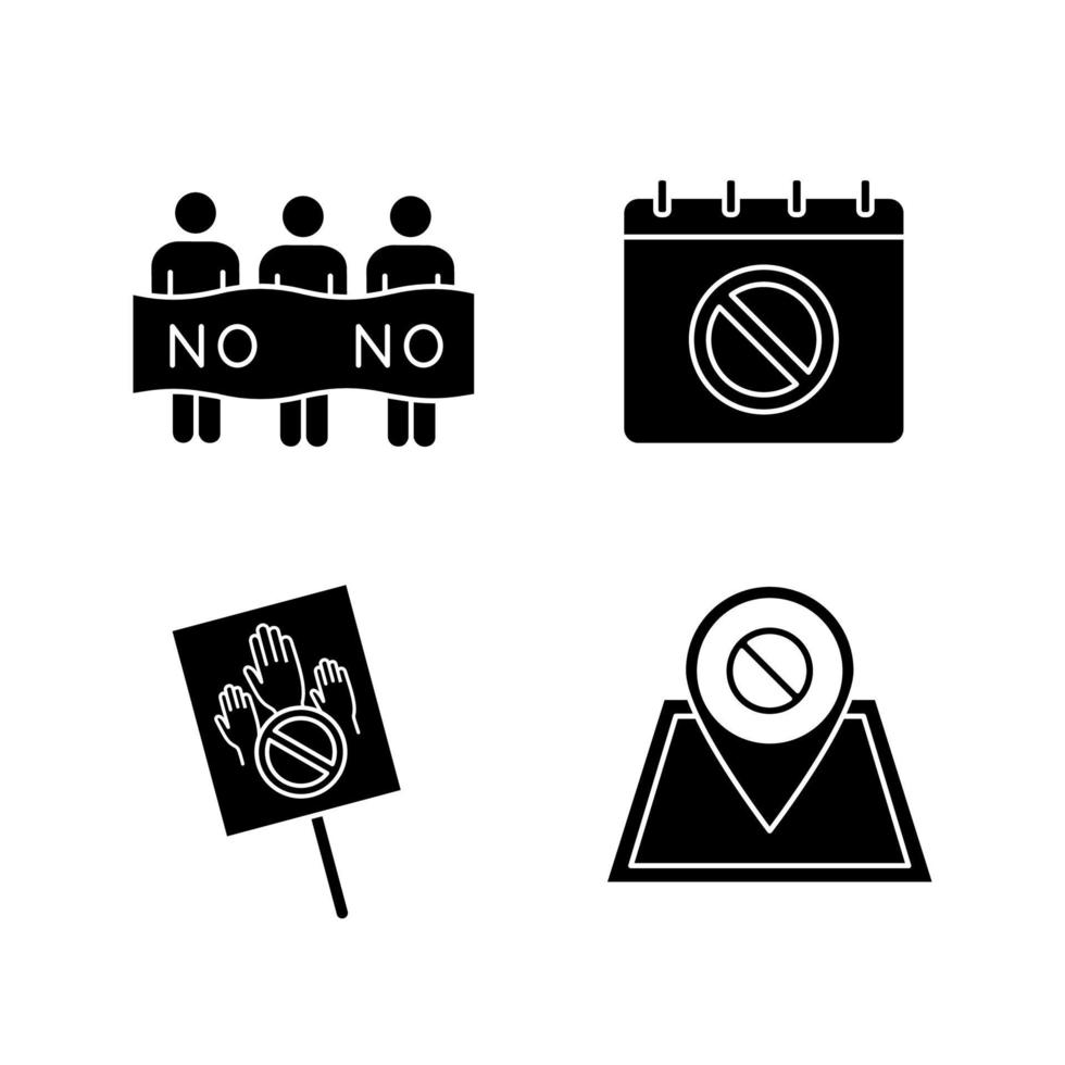 protest actie glyph pictogrammen instellen. sociale bewegingsdatum, protestlocatie, spandoek, piket. silhouet symbolen. vector geïsoleerde illustratie