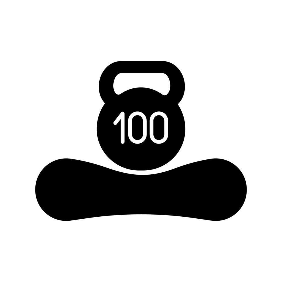 maximale gewichtslimiet tot 100 kg glyph-pictogram. matras gewicht aanbeveling per persoon van honderd kilogram. matras en kettlebell. silhouet symbool. negatieve ruimte. vector geïsoleerde illustratie