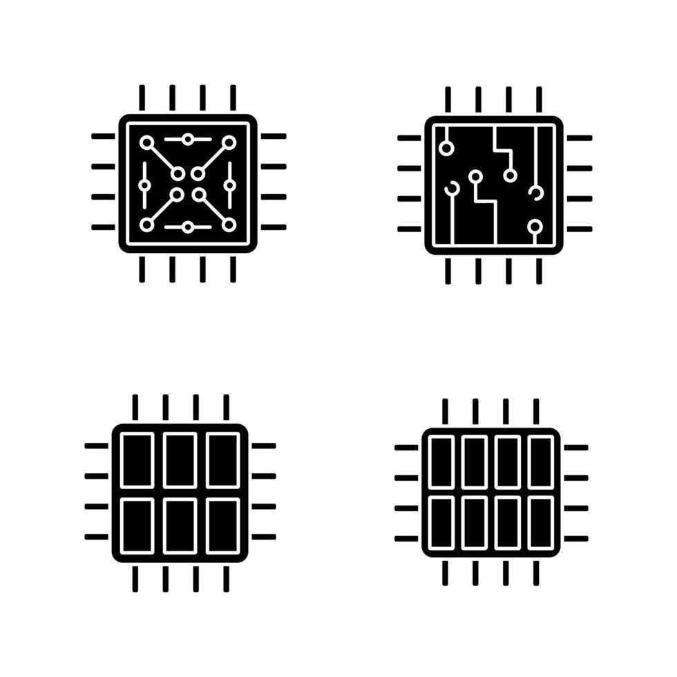 processors glyph pictogrammen instellen. chip, microprocessor, geïntegreerde eenheid, zes- en octa-core processors. silhouet symbolen. vector geïsoleerde illustratie