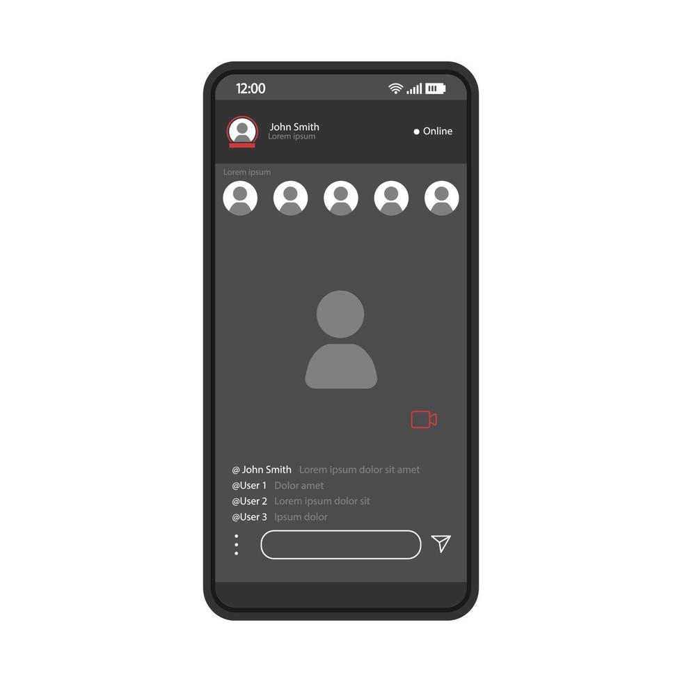 sociale media app smartphone interface vector sjabloon. lay-out van het ontwerp van de mobiele applicatiepagina. verhalen over sociale netwerken. platte ui voor messager. dialoog, gesprek. telefoondisplay met video-inhoudspost