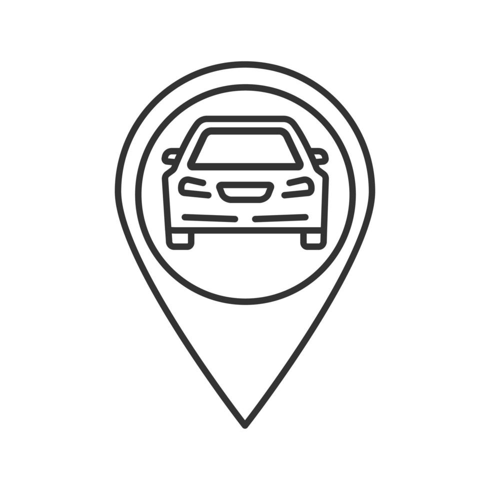 kaart lokaliseren met auto binnen lineaire pictogram. dunne lijn illustratie. autowerkplaats, benzinestation, locatie parkeerzone. contour symbool. vector geïsoleerde overzichtstekening