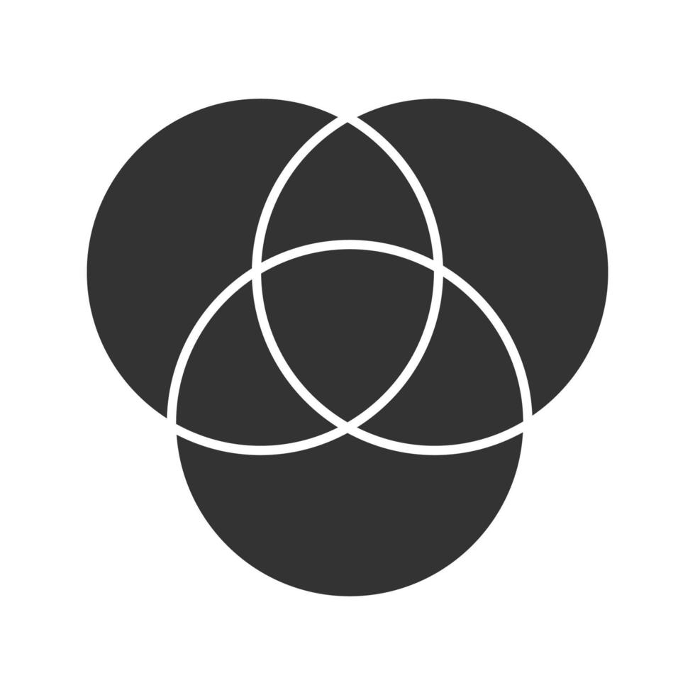 cmyk of rgb kleur cirkels glyph pictogram. silhouet symbool. Venn diagram. overlappende cirkels. negatieve ruimte. vector geïsoleerde illustratie