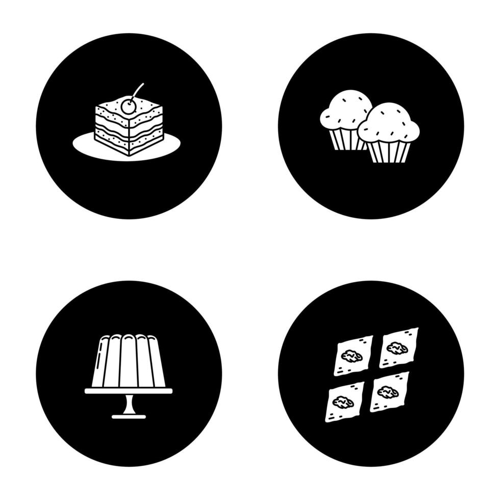 condectionery glyph pictogrammen instellen. koffiehuis menu. tiramisu, cupcakes, geleipudding, baklava. vector witte silhouetten illustraties in zwarte cirkels