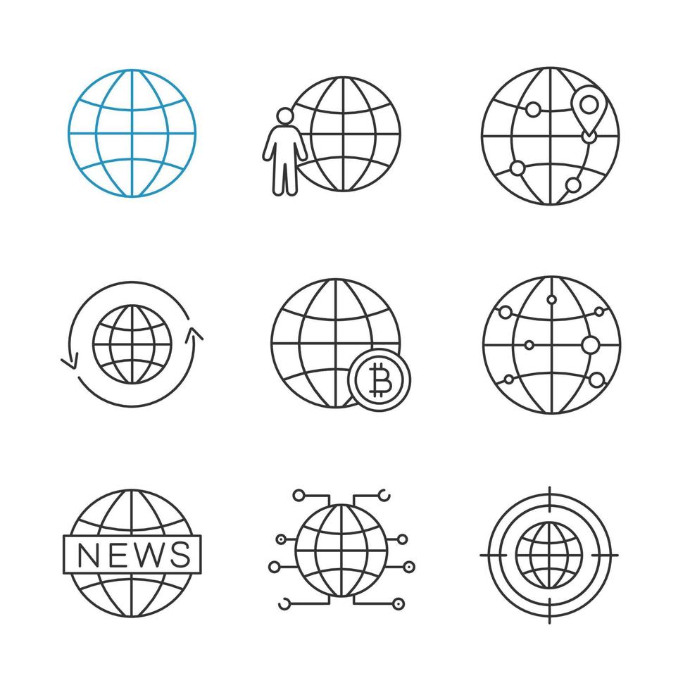 wereldwijde lineaire pictogrammen instellen. wereldbol, planeetbevolking, route, rond de wereld, wereldwijde bitcoin, internetverbinding. dunne lijn contour symbolen. geïsoleerde vectoroverzichtsillustraties. bewerkbare streek vector