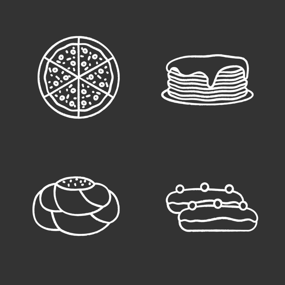 bakkerij krijt pictogrammen instellen. pizza, pannenkoekenstapel, banketbakkersbrood, eclair. geïsoleerde vector schoolbord illustraties