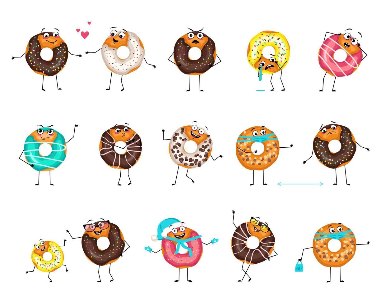 schattig geglazuurd donutkarakter met blije of droevige emoties, paniek, liefdevol of dapper gezicht, handen en benen. vrolijke man bakken dessert met expressie en masker, bril of hoed. platte vectorillustratie vector