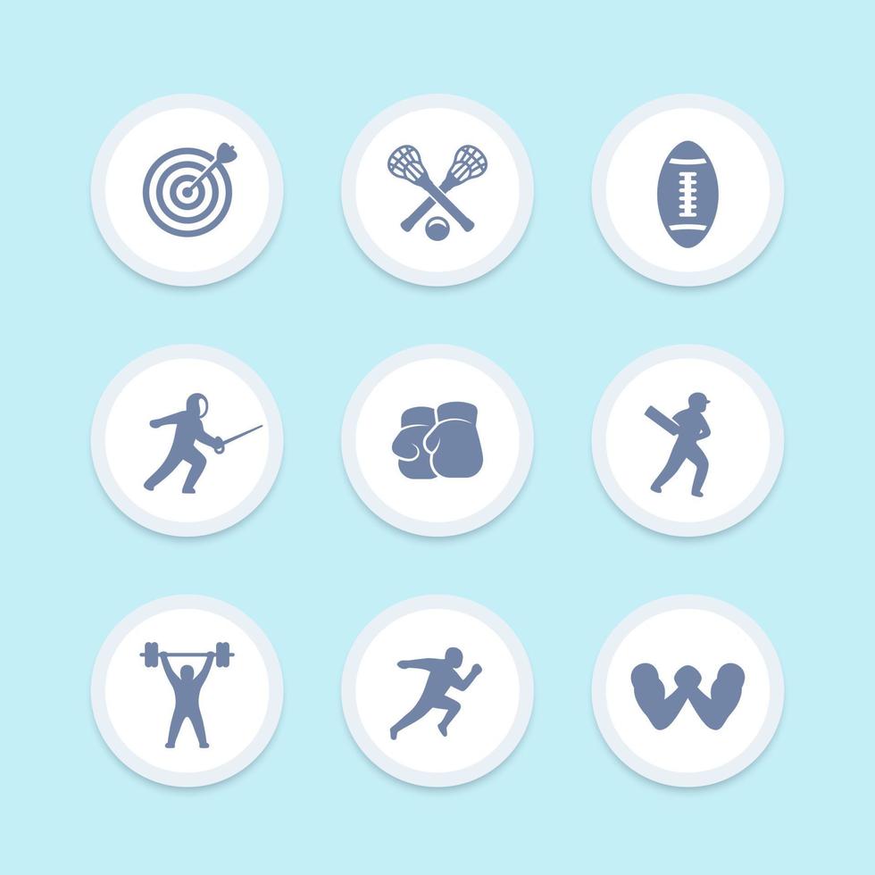 sport iconen set, boogschieten, lacrosse, cricket, voetbal, schermen, boksen, gewichtheffen, hardlopen, arm worstelen vector pictogrammen