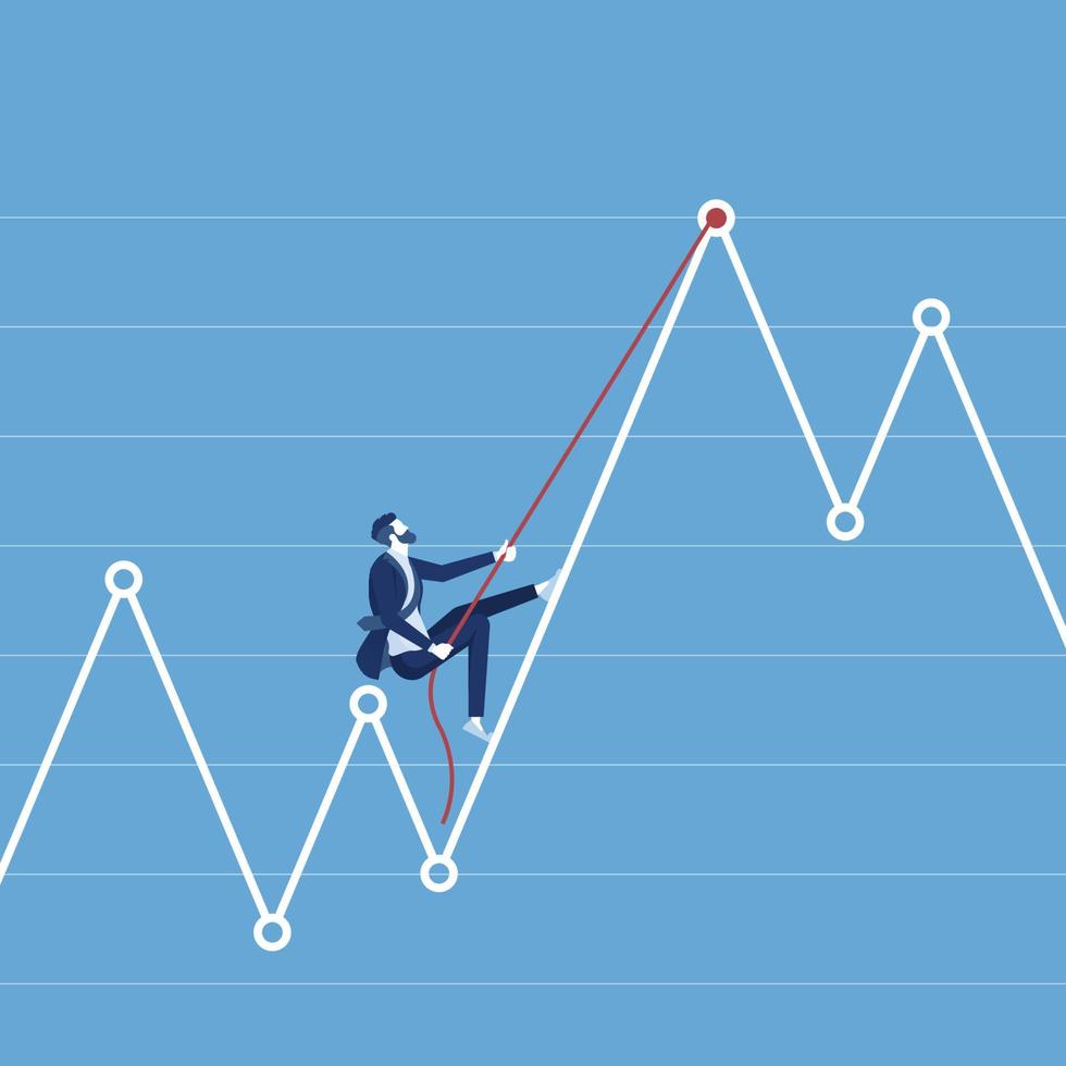 zakenman klimmen op de top van financiële groeiende grafiek met behulp van touw, investeringsgroei doelen concept vector