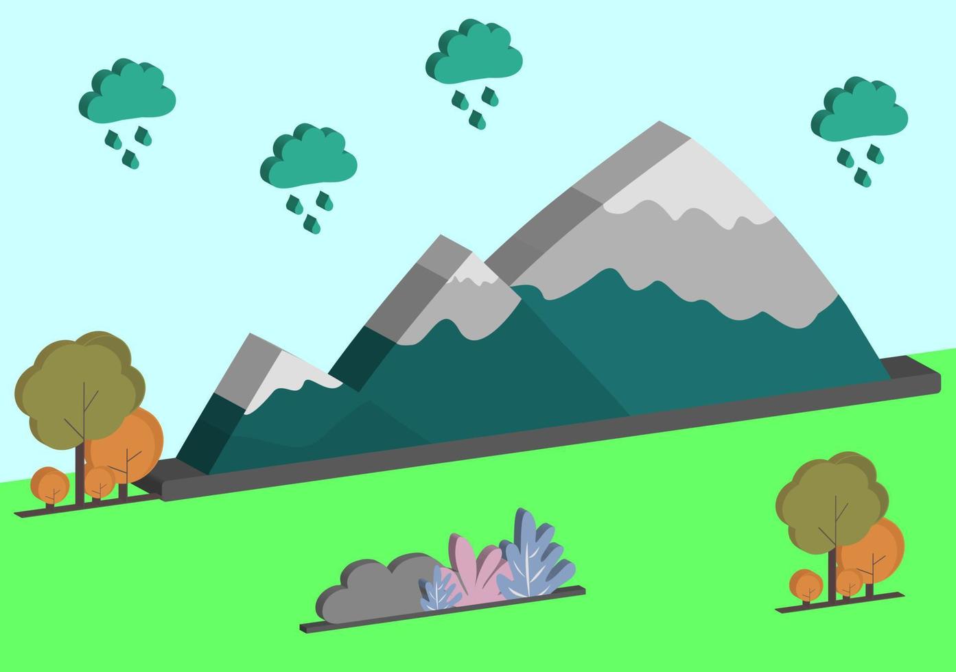 3D-vector berg achtergrond met regendruppels, bomen en rotsen. Earth Day, blauw en groen achtergrondthema voor milieubehoud, het beste voor behang, achtergrond en kaart vector