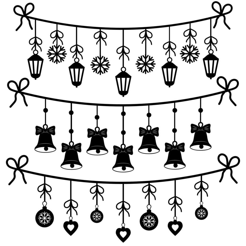 een set kerstslingers gemaakt van lantaarns, sneeuwvlokken en bellen, een zwarte omtrek in de doodle-stijl vector