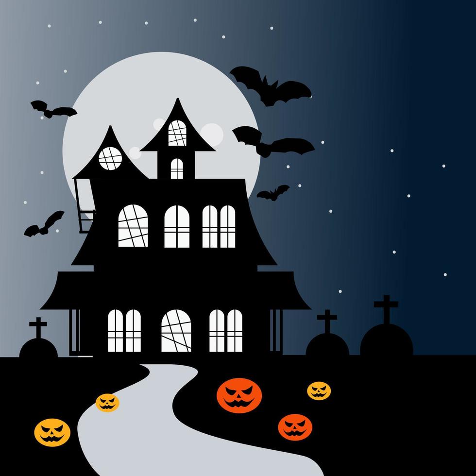 happy halloween-achtergrond met spookhuis, pompoen. Halloween-uitnodigingssjabloon. vector illustratie