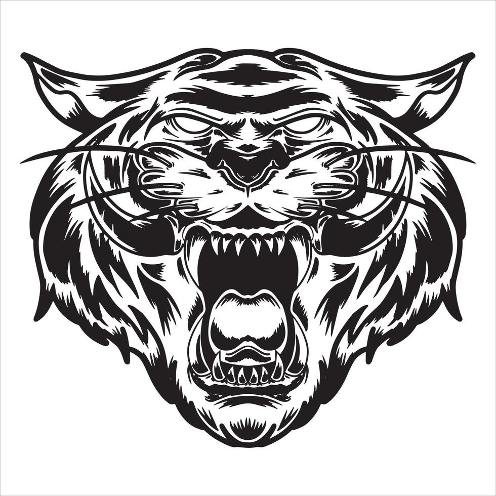 tijger hoofd vector tekening, tijger gezicht Kaderstijl, tijger hoofd gekleurde tekening, tijger logo en mascotte, tijger hoektanden, zwart witte vectorillustratie