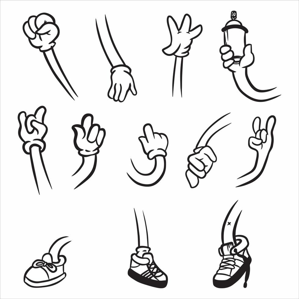 cartoon benen en handen elementen, been in witte laarzen en gehandschoende hand, zwart witte vectorillustratie vector