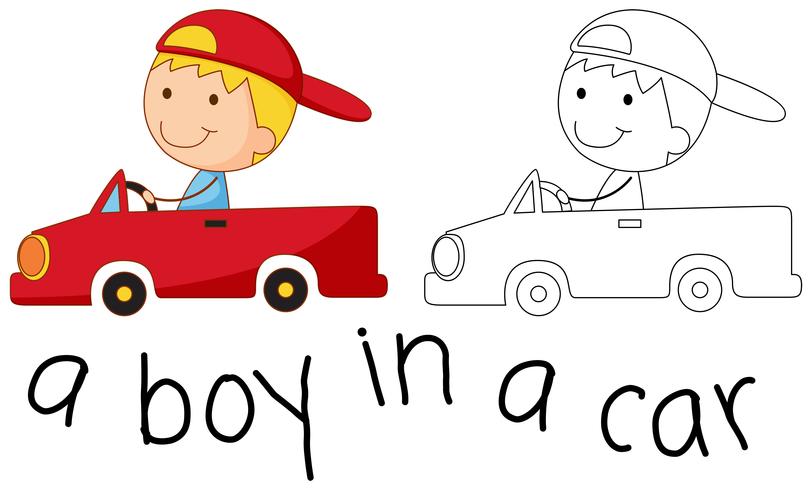 Doodle gelukkige jongen met een auto vector