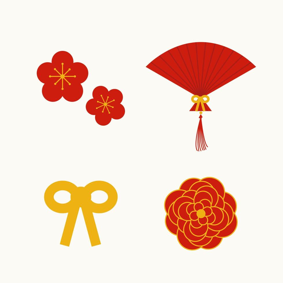 set van platte geïsoleerde Aziatische feestelijke elementen, bloemen, strik, sensu fan vector