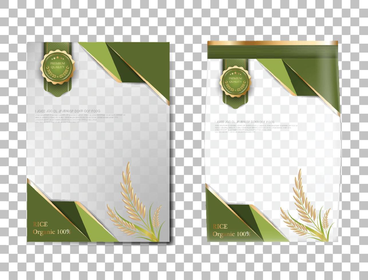 rijst pakket thailand voedingsproducten, groene gouden banner en poster sjabloon vector ontwerp rijst.