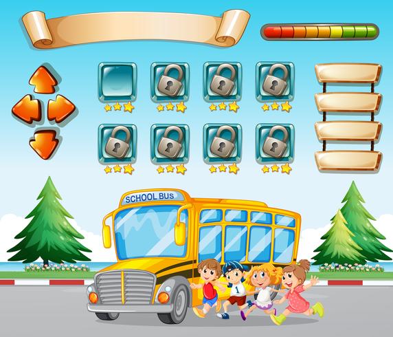 Spelsjabloon met kinderen en schoolbus vector