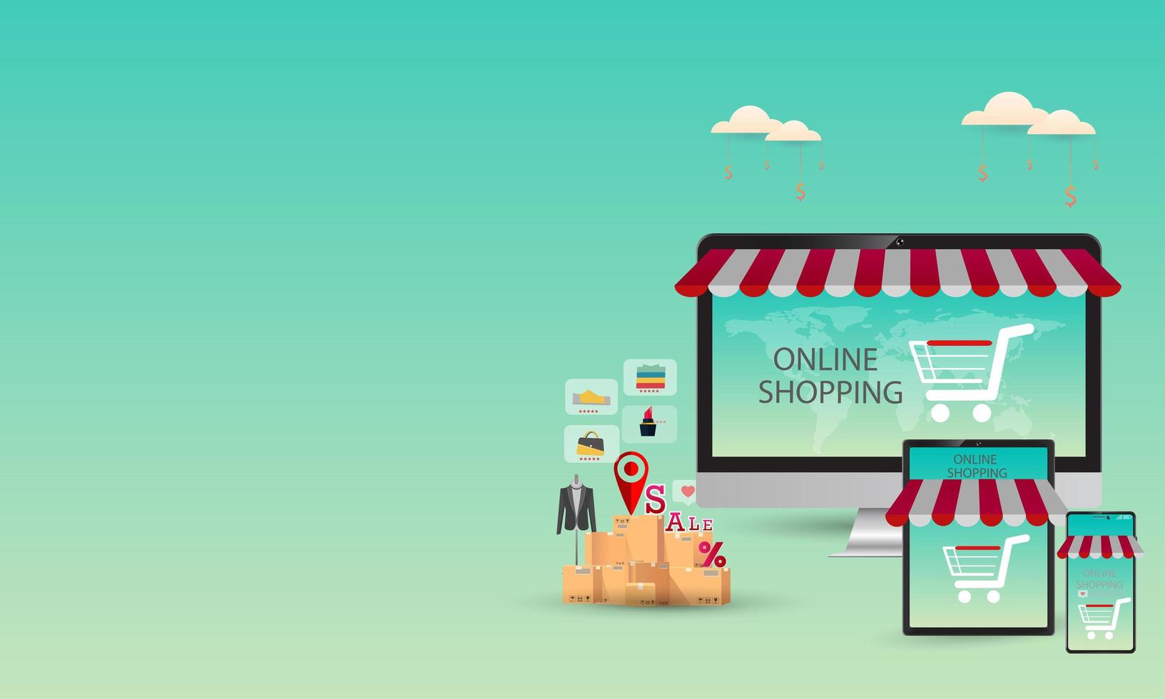 online winkelen, concept desktop, met creditcards en op blauwe achtergronden, vector