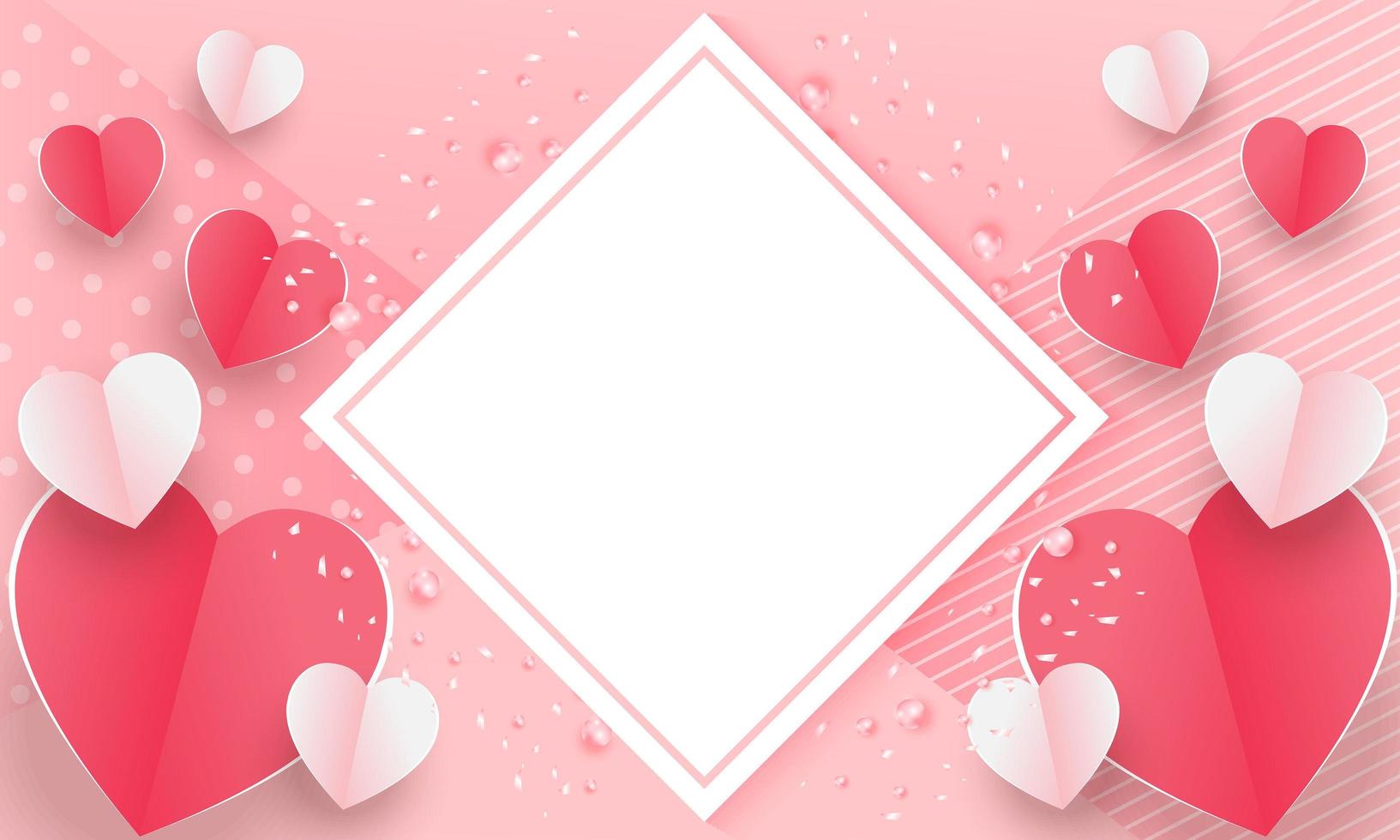 Valentijnsdag concept achtergrond. vectorillustratie. 3D-rode en roze papieren harten met wit vierkant frame. leuke liefdesverkoopbanner of wenskaart vector