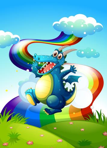 Een draak op de heuveltop en een regenboog in de lucht vector