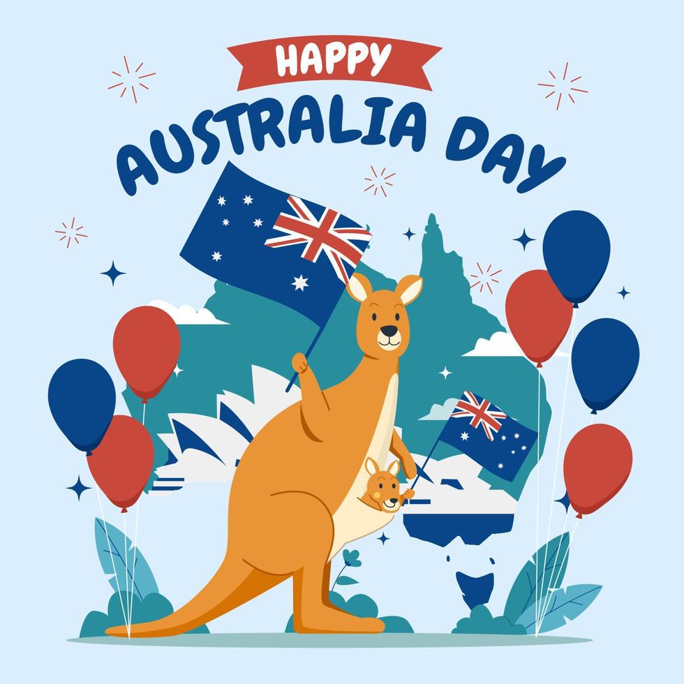 gelukkige dag in australië met kangoeroe met australische vlag vector