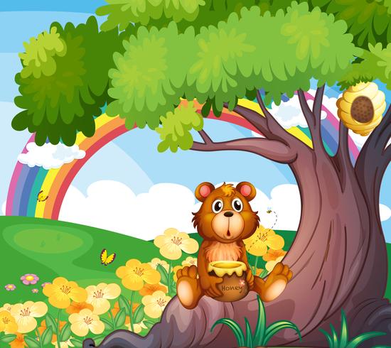Een beer onder de boom met een regenboog aan de achterkant vector