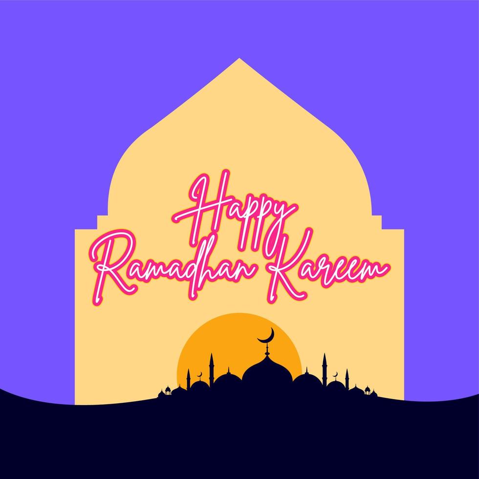 ramadan kareem typografisch. ramadhan feest wenskaart vectorillustratie. belettering samenstelling van moslim heilige maand met moskeegebouw vector