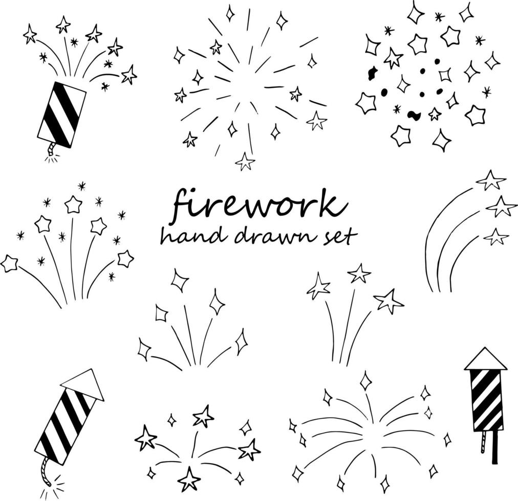 vuurwerk instellen hand getrokken doodle. , minimalisme, zwart-wit. icoon, sticker. viering nieuwjaar onafhankelijkheidsdag verjaardag vector