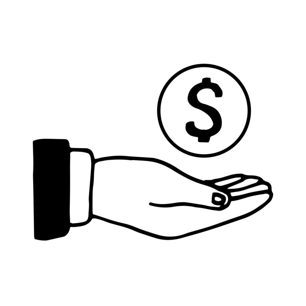 hand met munt pictogram opgesteld in doodle stijl. vector, zeer fijne tekeningen, noords, scandinavisch, minimalisme, zwart-wit. sticker. bankeconomie bedrijfsfinanciering vector