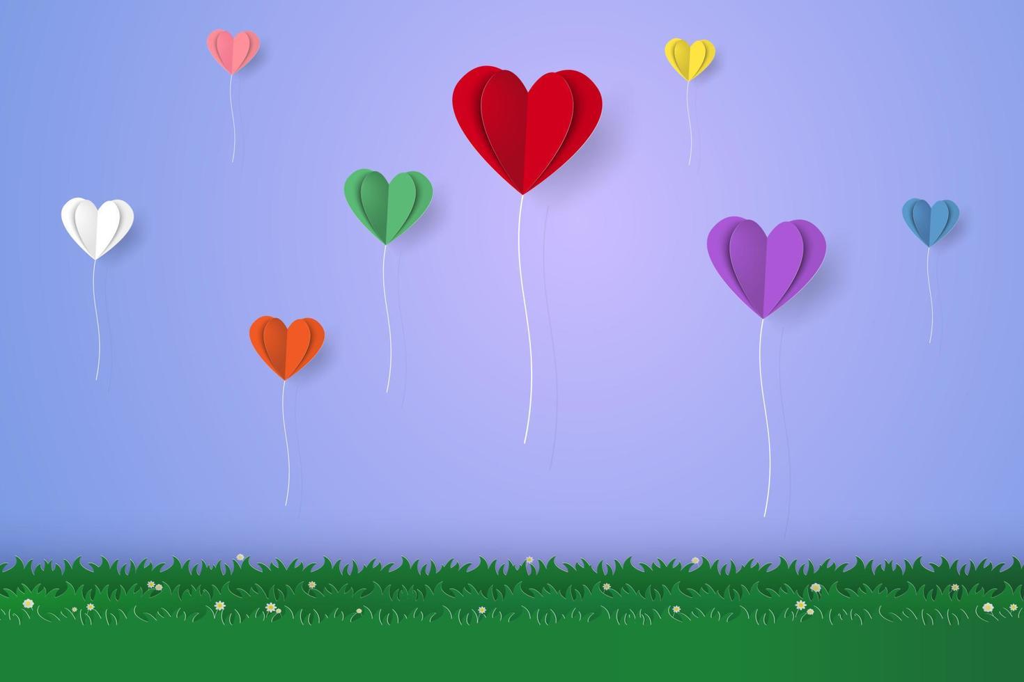kleurrijke ballonnen zwevend boven het gras in papierkunststijl vector