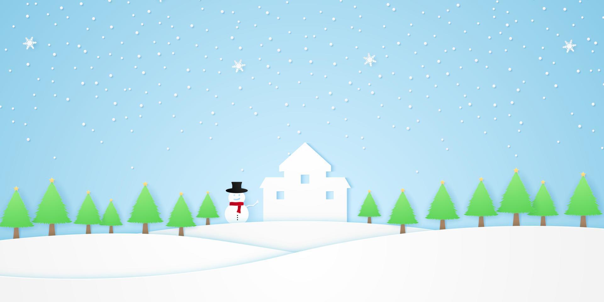 landschap, kasteel met sneeuwpop, bomen met ster en sneeuw die in het winterseizoen vallen, witte heuvel, papierkunststijl vector