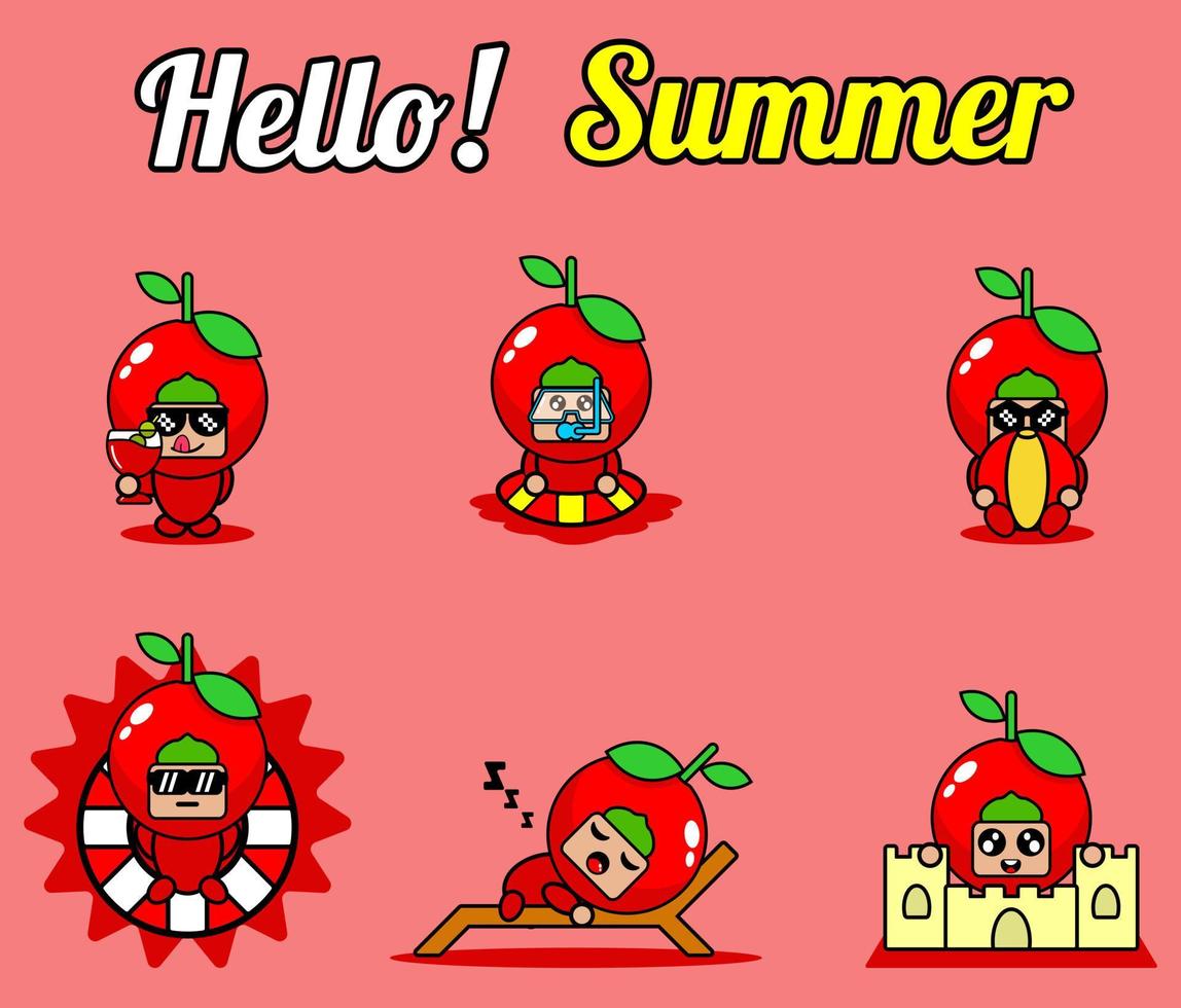 vector schattig stripfiguur kersen fruit mascotte kostuum set collectie hallo zomer bundel