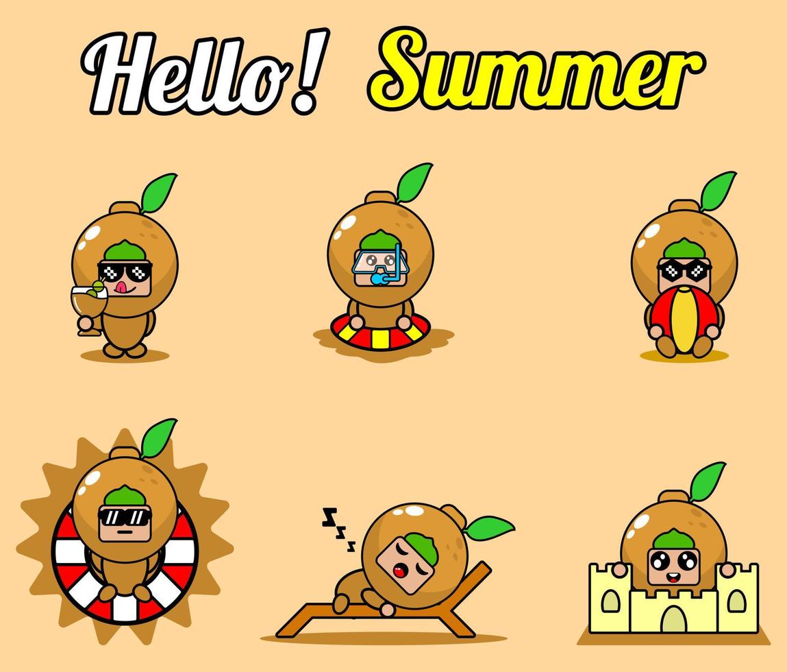 vector schattig stripfiguur longan fruit mascotte kostuum set collectie hallo zomer bundel