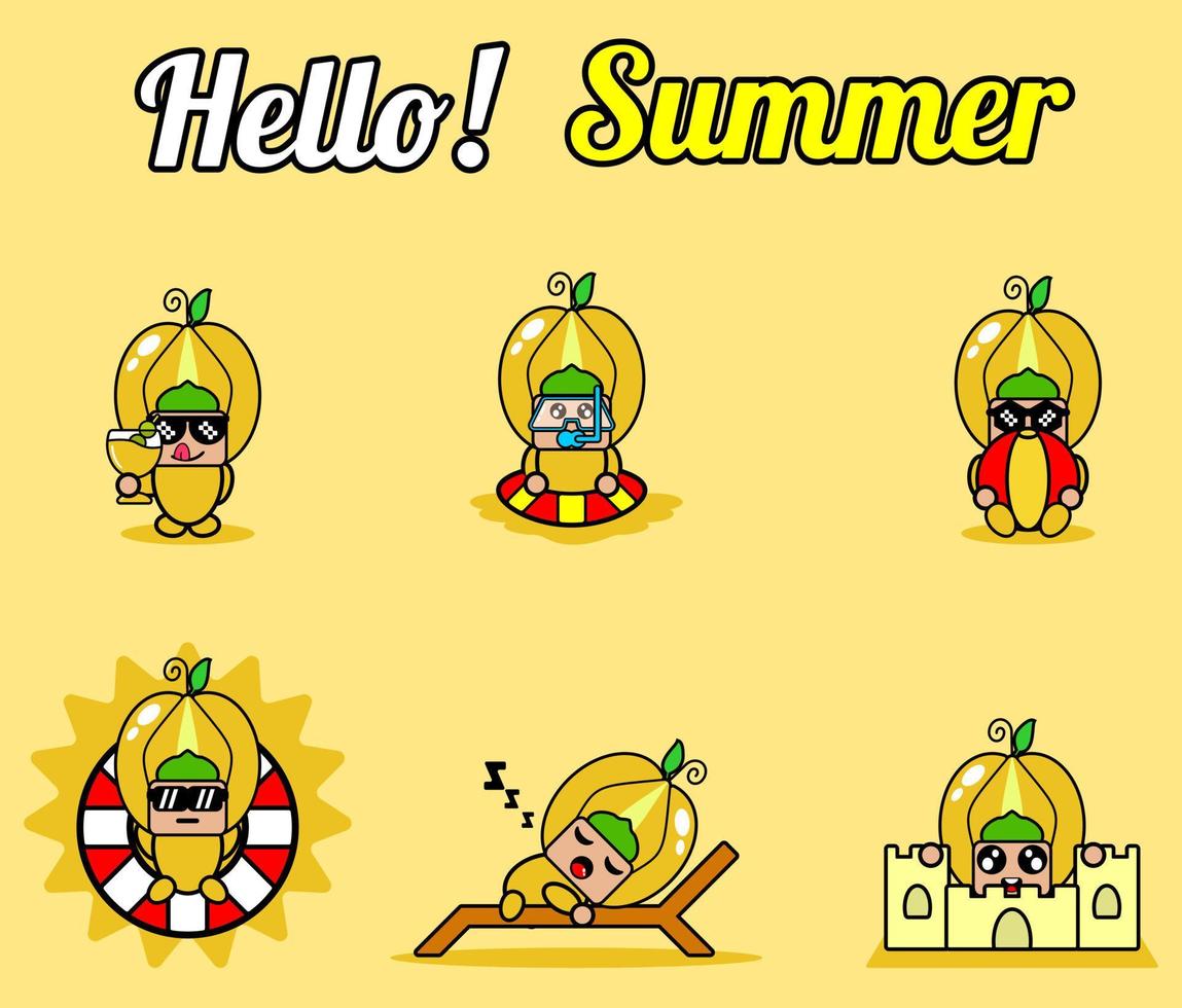 vector schattig stripfiguur ster fruit mascotte kostuum set collectie hallo zomer bundel