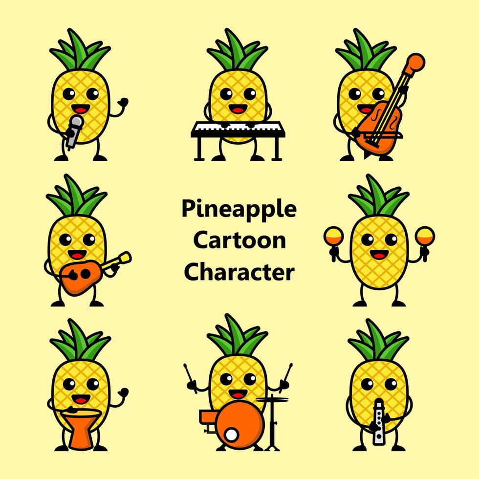 schattige ananas cartoon spelen muziek vector set.