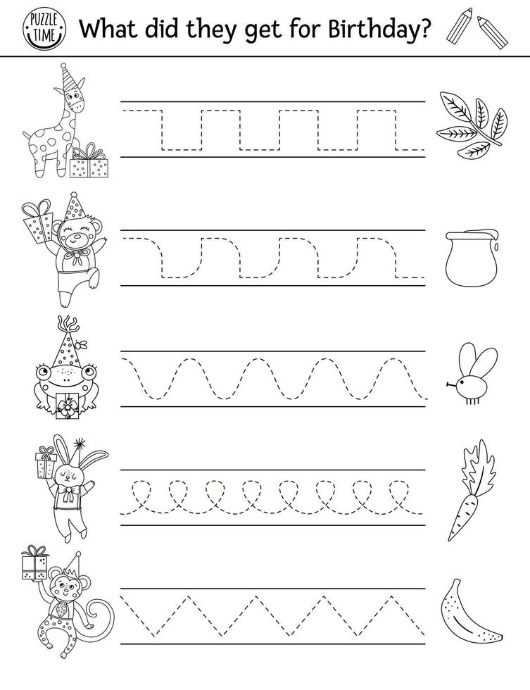 vector verjaardagsfeestje handschrift praktijk werkblad. vakantie afdrukbare zwart-wit activiteit voor kleuters. educatief traceerspel voor schrijfvaardigheid met verjaardagscadeautjes