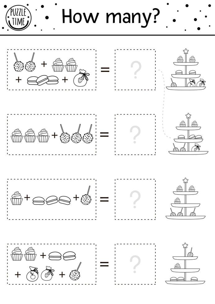 verjaardag zwart-wit telspel met traditionele desserts. vakantie overzicht activiteit voor kleuters met taarten, cupcakes. educatieve lijn viering afdrukbare wiskunde werkblad voor kinderen vector