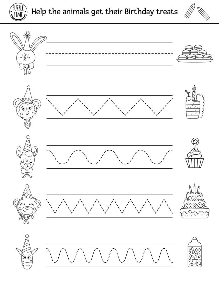 vector verjaardagsfeestje handschrift praktijk werkblad met schattige dieren en desserts. vakantie afdrukbare zwart-wit activiteit voor kleuters. educatief traceerspel voor schrijfvaardigheid