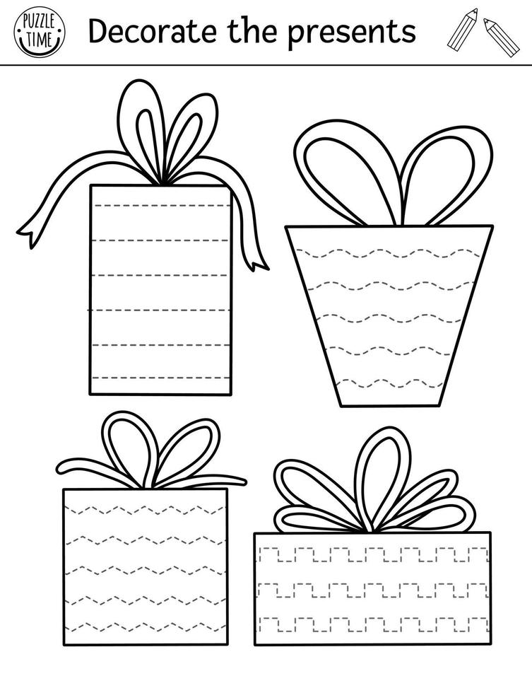 vector verjaardagsfeestje handschrift praktijk werkblad. vakantie afdrukbare zwart-wit activiteit voor kleuters. educatief traceerspel voor schrijfvaardigheid. versier de cadeautjes